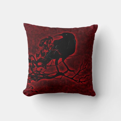 Black Raven on Deep Red Throw Pillow