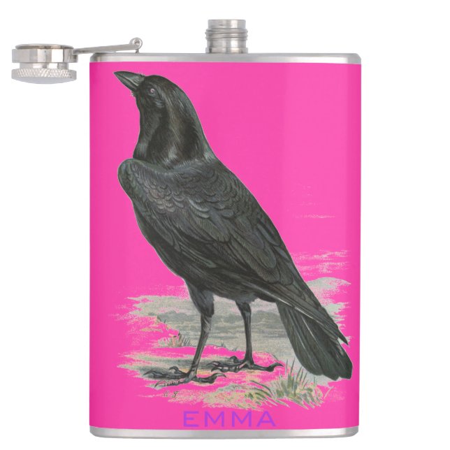 Black Raven Personalize Pink Name Flask (Opened)