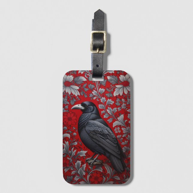 Black Raven Red Floral William Morris Inspired Luggage Tag (Front Vertical)