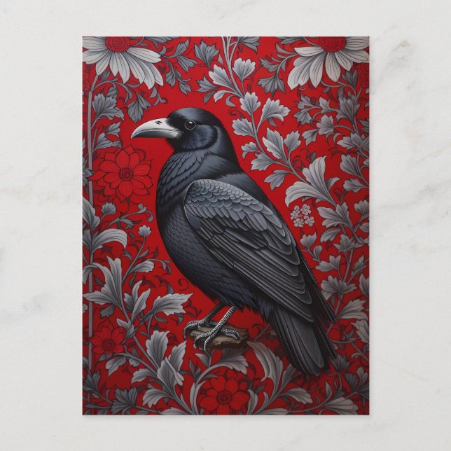 Black Raven Red Floral William Morris Inspired Postcard (Front)