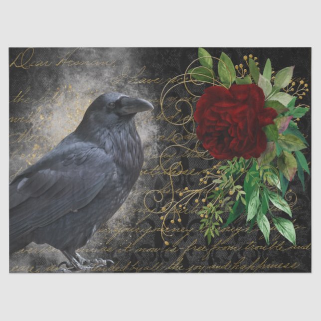 Black Raven Rose Whimsical Tissue Paper (Front)