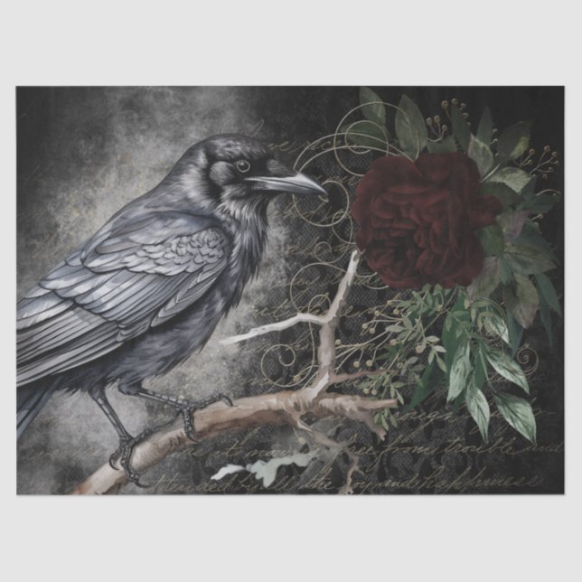 Black Raven Rose Whimsical Tissue Paper (Front)