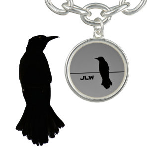 Black Raven Silhouette Gray Initials Bracelet