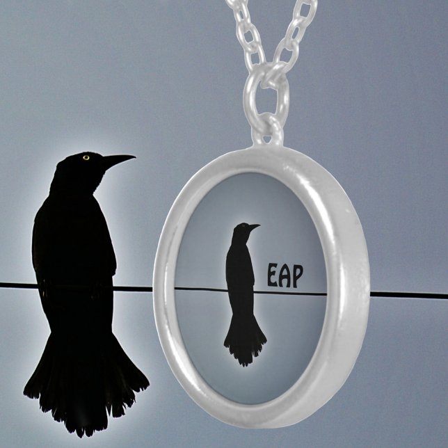 Black Raven Silhouette with Initials Silver Plated Necklace (Creator Uploaded)