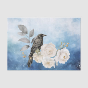 Black Raven White Flowers Blue Background Tissue Paper