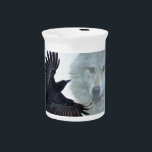 Black Raven & White Wolf Wildlife Fantasy Beverage Pitcher<br><div class="desc">A mystical art scene featuring a flying black Raven and a white Wolf feature on this quality gift item.</div>