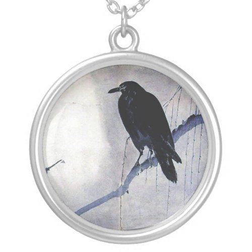 black raven wild bird nature sunrise silver plated necklace
