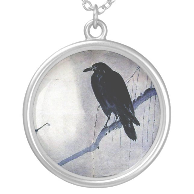 black raven wild bird nature sunrise silver plated necklace (Front)