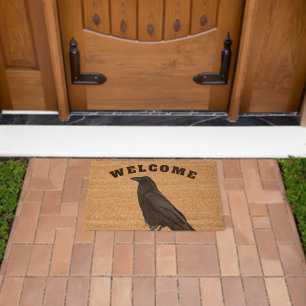 Black Raven with Black Welcome Lettering Fiber Doormat