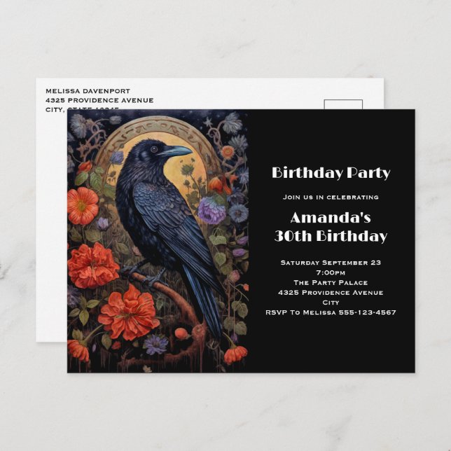 Black Raven with Flowers Gothic Birthday Invite (Front/Back)