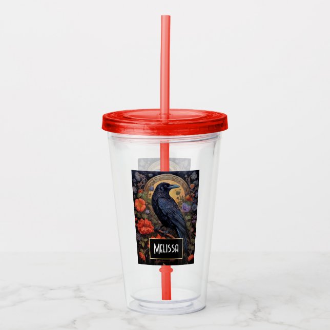 Black Raven with Flowers Gothic Design Acrylic Tumbler (Front)