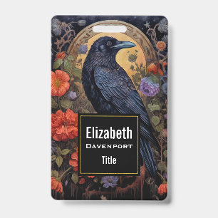 Black Raven with Flowers Gothic Design Badge