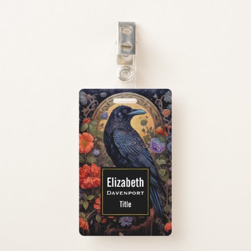 Black Raven with Flowers Gothic Design Badge