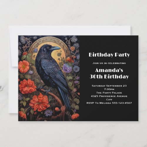 Black Raven with Flowers Gothic Design Birthday Invitation