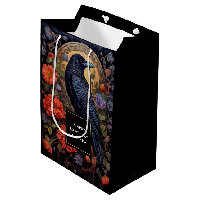 Black Raven with Flowers Gothic Design Birthday Medium Gift Bag (Front Angled)