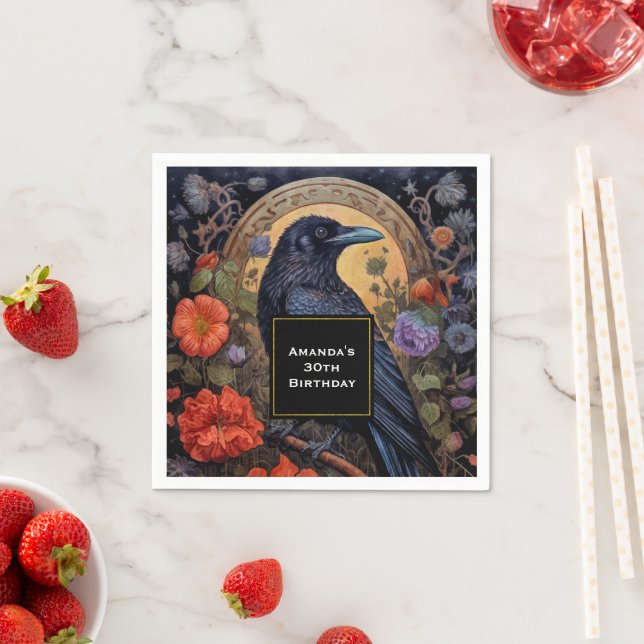 Black Raven with Flowers Gothic Design Birthday Napkins (Insitu)