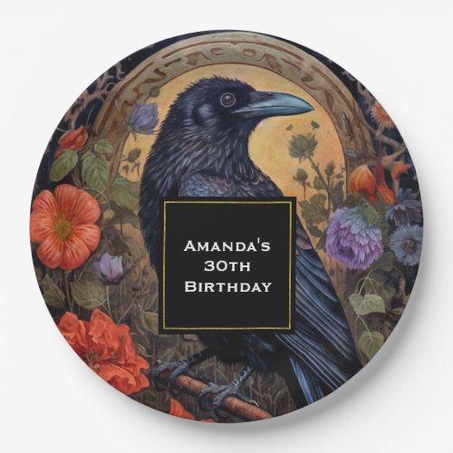  Black Raven with Flowers Gothic Design Birthday Paper Plates