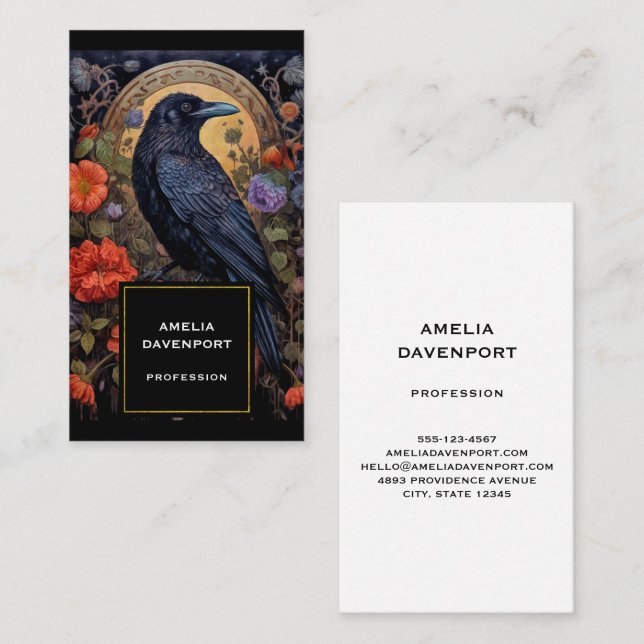 Black Raven with Flowers Gothic Design Business Card (Front/Back)