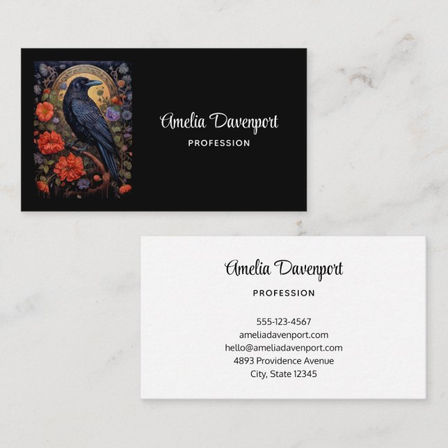 Black Raven with Flowers Gothic Design Business Card (Front/Back)