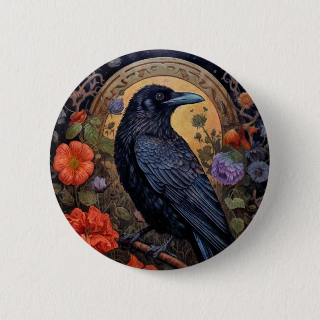 Black Raven with Flowers Gothic Design Button (Front)