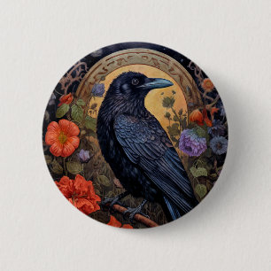 Black Raven with Flowers Gothic Design Button