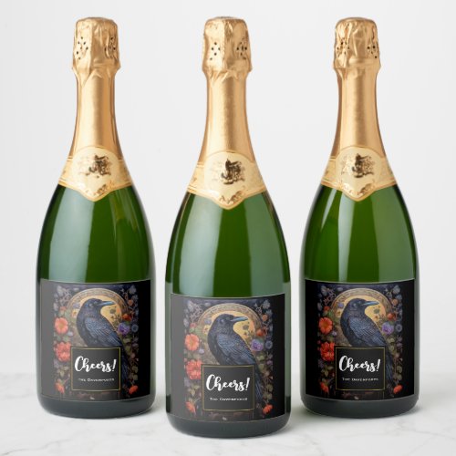 Black Raven with Flowers Gothic Design Cheers Sparkling Wine Label
