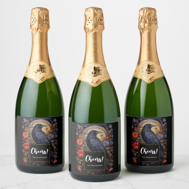 Black Raven with Flowers Gothic Design Cheers! Sparkling Wine Label (Bottles)