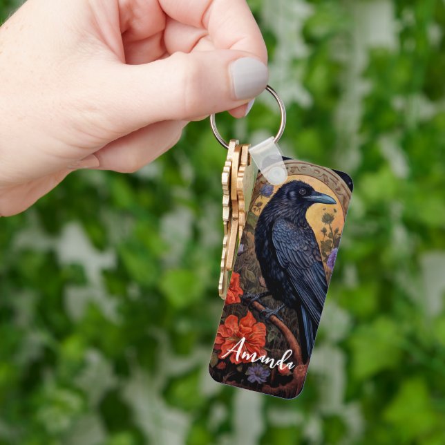 Black Raven with Flowers Gothic Design Keychain (Hand)