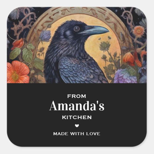 Black Raven with Flowers Gothic Design Kitchen Square Sticker