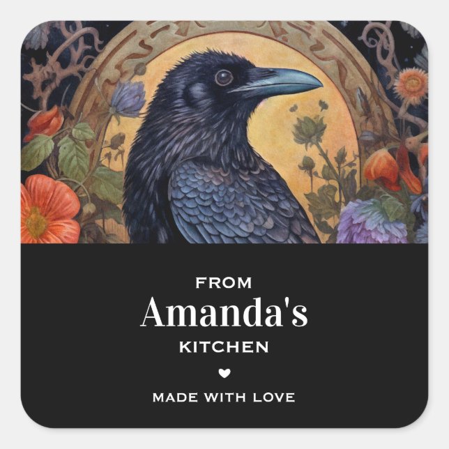 Black Raven with Flowers Gothic Design Kitchen Square Sticker (Front)