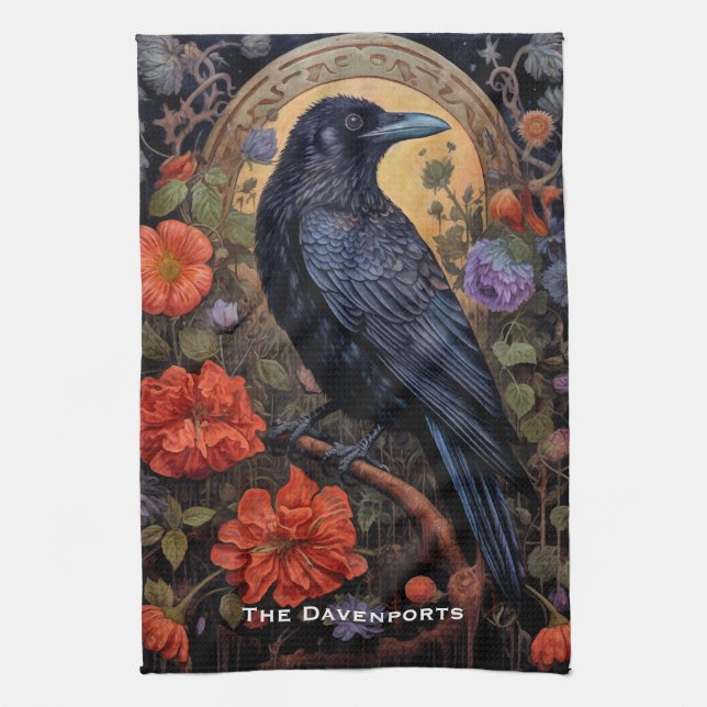 Black Raven with Flowers Gothic Design Kitchen Towel (Vertical)