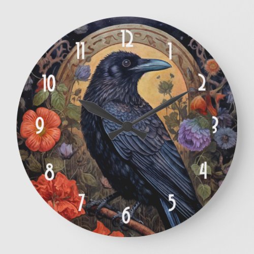 Black Raven with Flowers Gothic Design Large Clock