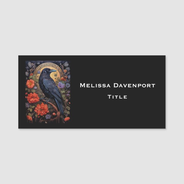 Black Raven with Flowers Gothic Design Name Tag (Front)