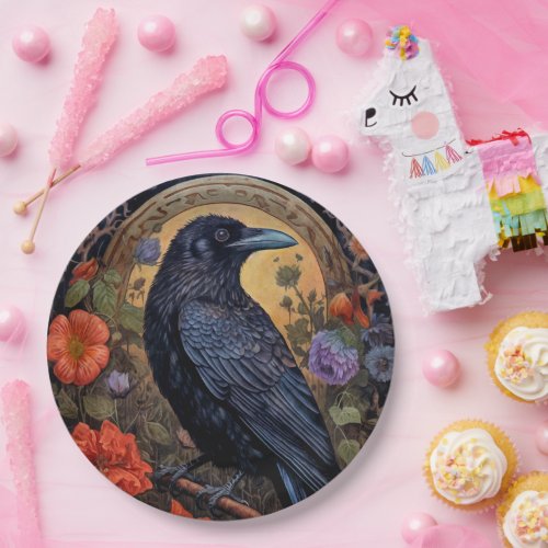 Black Raven with Flowers Gothic Design Paper Plates