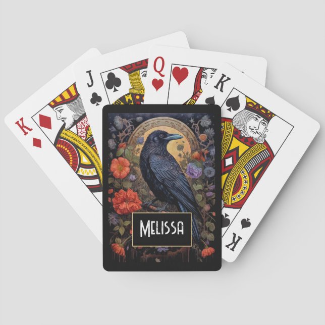 Black Raven with Flowers Gothic Design Poker Cards (Back)