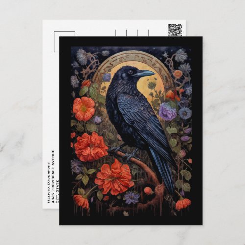 Black Raven with Flowers Gothic Design Postcard