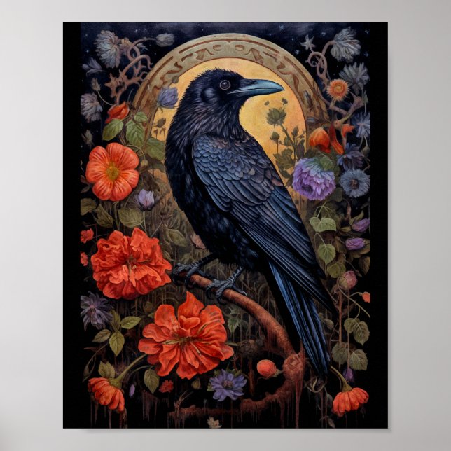 Black Raven with Flowers Gothic Design Poster (Front)