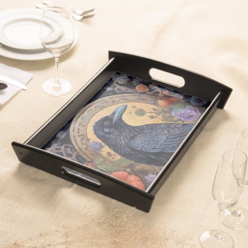 Black Raven with Flowers Gothic Design Serving Tray