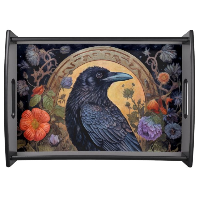 Black Raven with Flowers Gothic Design Serving Tray (Front)