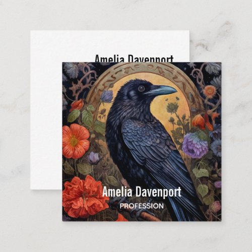 Black Raven with Flowers Gothic Design Square Business Card