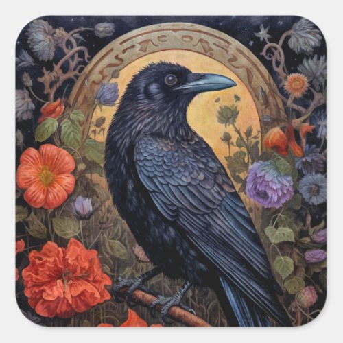 Black Raven with Flowers Gothic Design Square Sticker