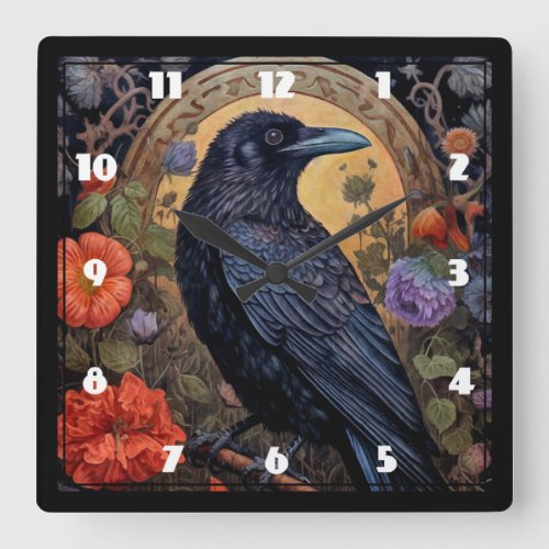 Black Raven with Flowers Gothic Design Square Wall Clock