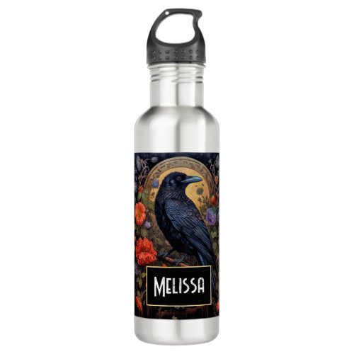 Black Raven with Flowers Gothic Design Stainless Steel Water Bottle