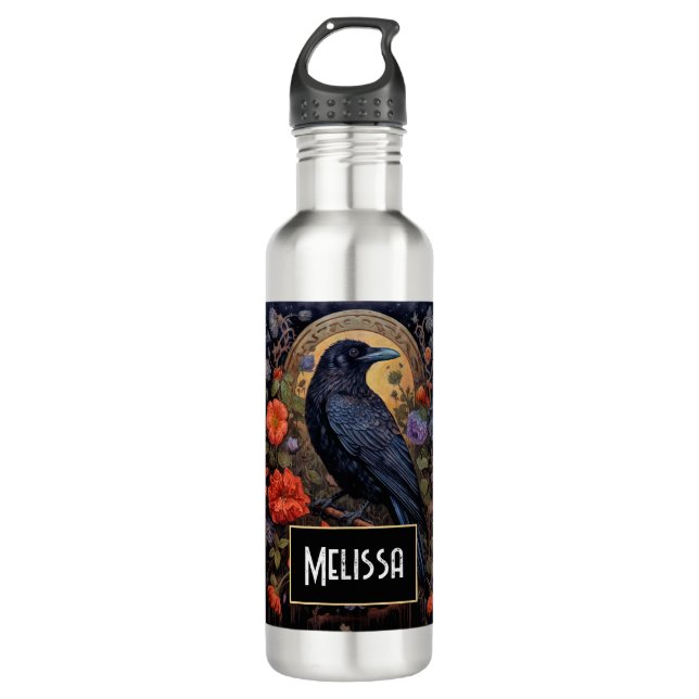 Black Raven with Flowers Gothic Design Stainless Steel Water Bottle (Front)