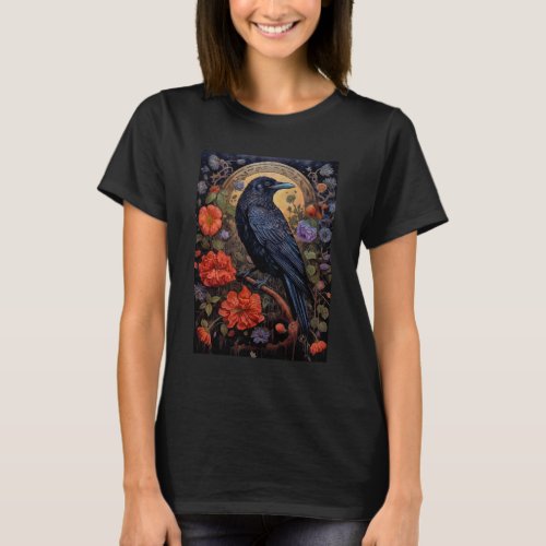 Black Raven with Flowers Gothic Design T_Shirt