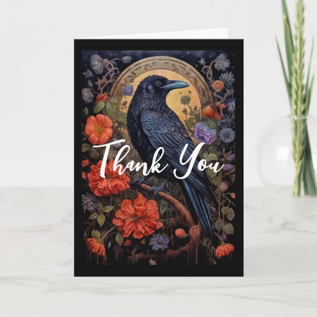Black Raven with Flowers Gothic Design Thank You Card (Front)