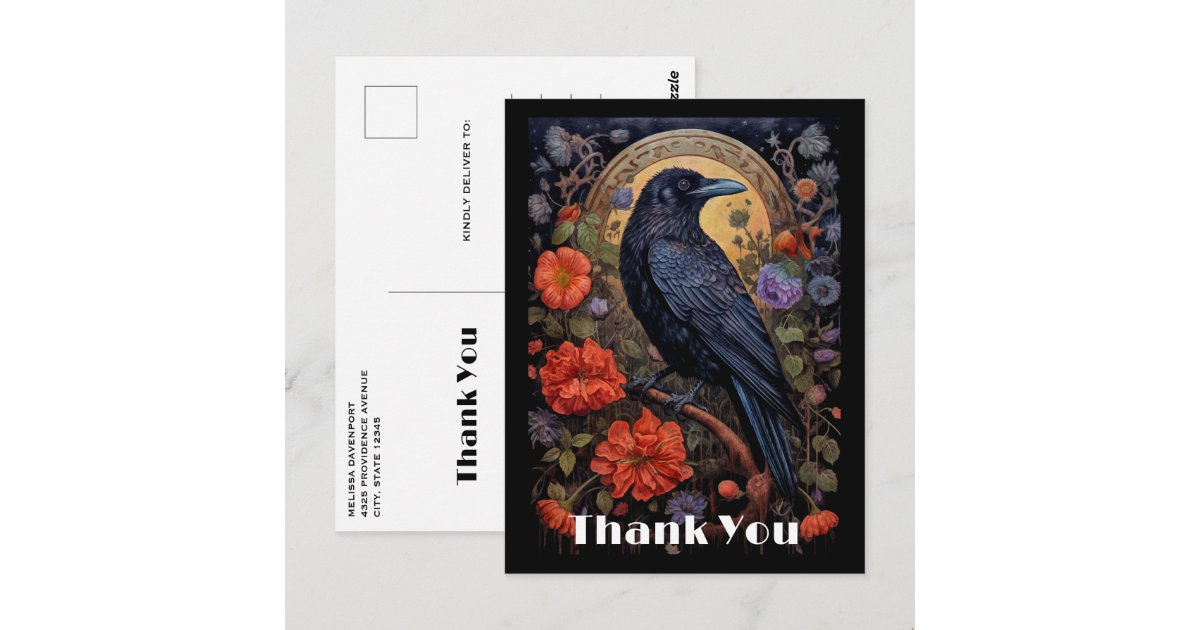 Black Raven with Flowers Gothic Design Thank You Postcard | Zazzle