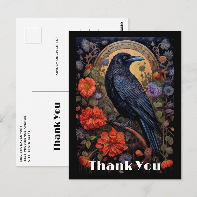 Black Raven with Flowers Gothic Design Thank You Postcard (Front/Back)