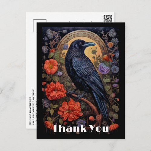 Black Raven with Flowers Gothic Design Thank You Postcard