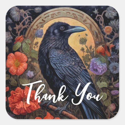 Black Raven with Flowers Gothic Design Thank You Square Sticker